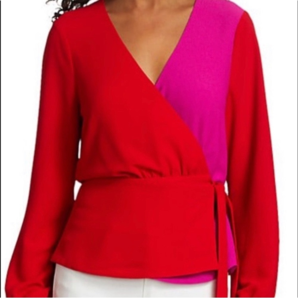 Bailey 44 Red/Pink Colorblock Wrap Long Sleeve Blouse size 4